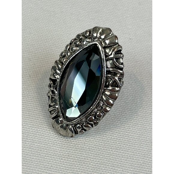 Vintage Silver Tone Ring Marquise Cut Black Stone Adjustable - Picture 2 of 6